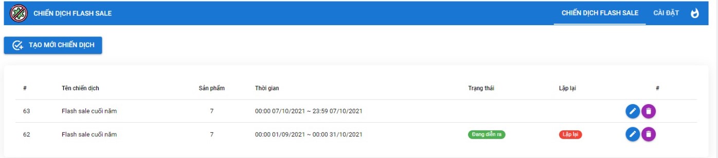 Tạo Nhiều Chiến Dịch Flash Sale Đồng Thời