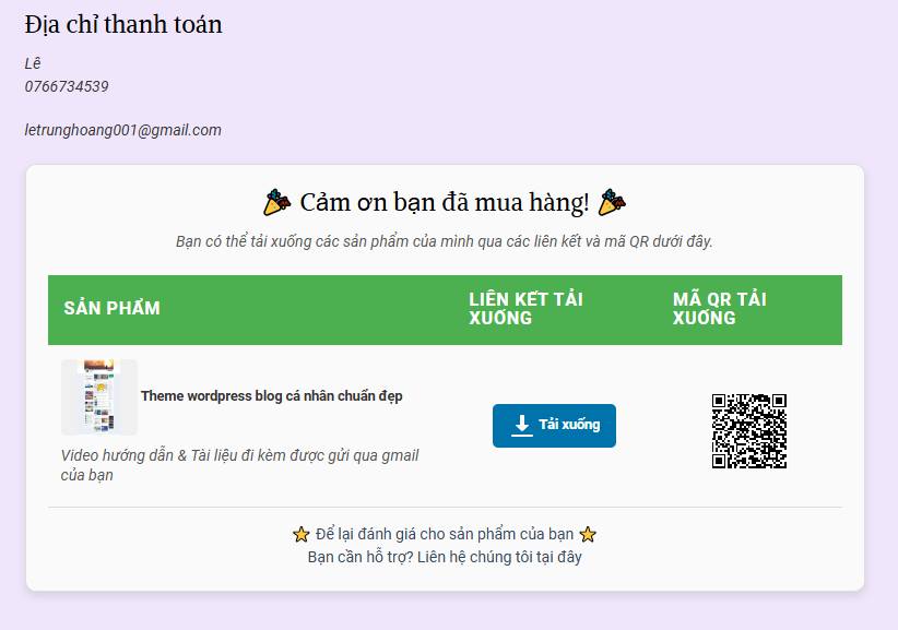 Hiển thị liên kết tải xuống trên trang Cảm ơn sau khi thanh toán thành công