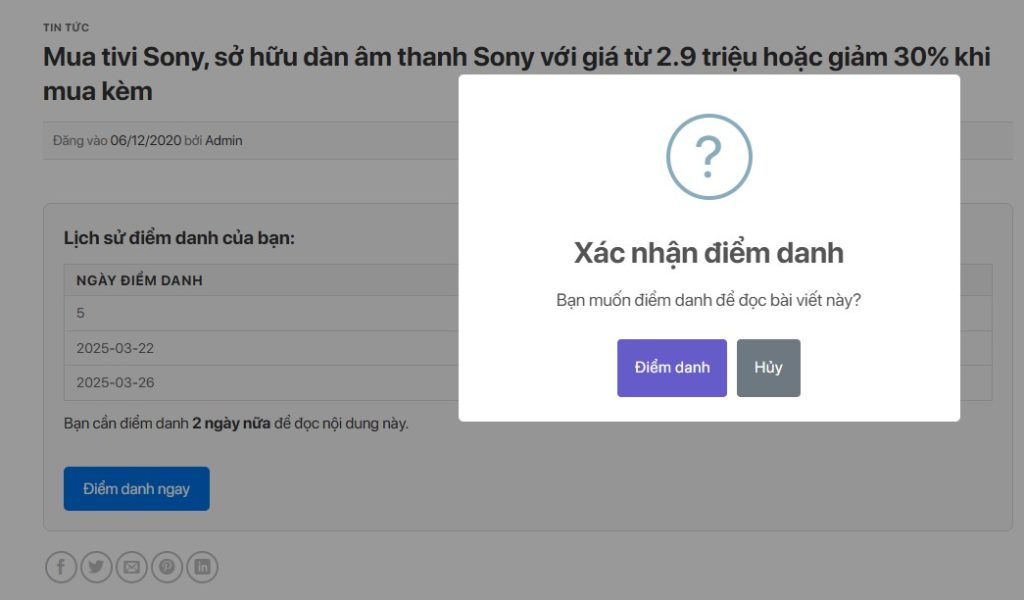Hướng Dẫn Code Chức Năng Điểm Danh Đủ Số Ngày Để Đọc Nội Dung Bài Viết WordPress
