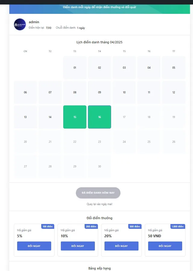 Code hệ thống điểm danh và affilate