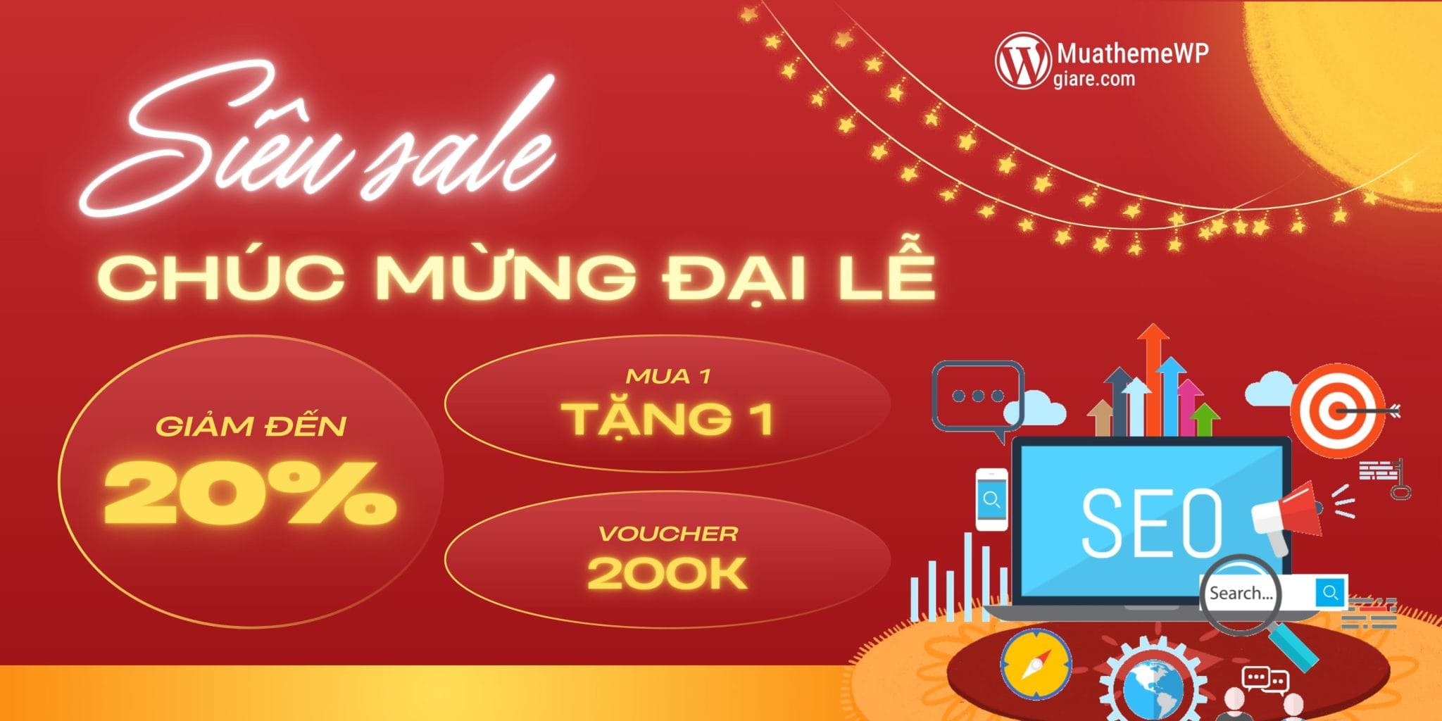 Muathemewpgiare tổ chức siêu sale nhân dịp kỷ niệm Quốc khánh Việt Nam lần thứ 80, phong cách lễ hội đỏ vàng.