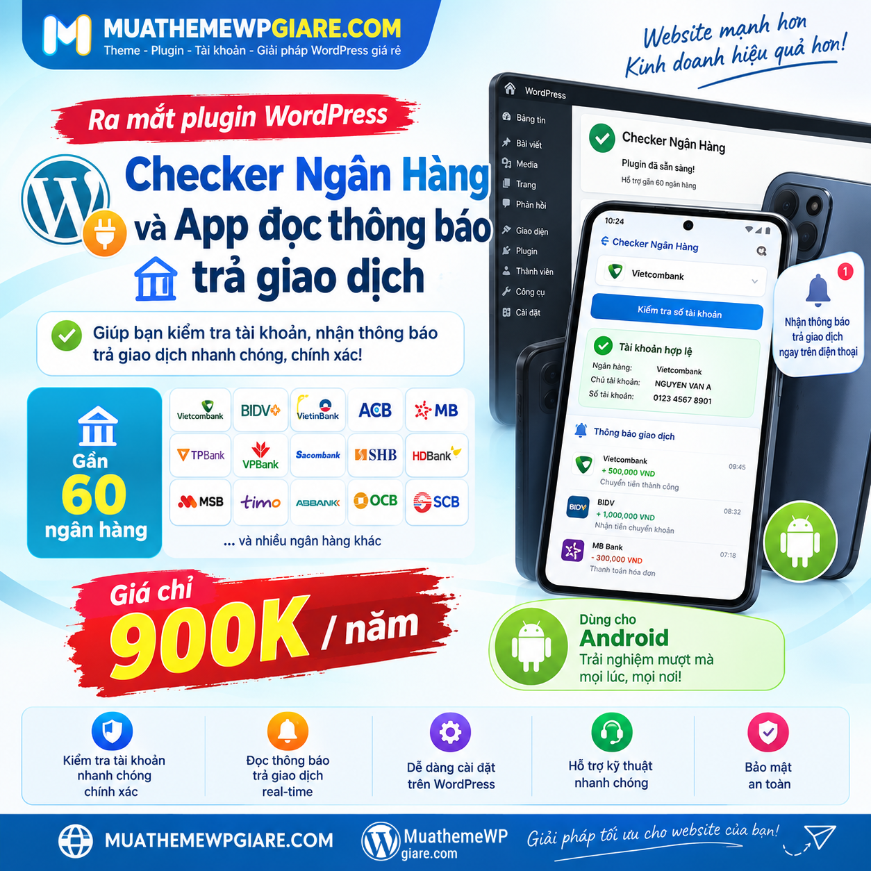 Plugin WordPress Checker Ngân Hàng và App đọc thông báo giao dịch
