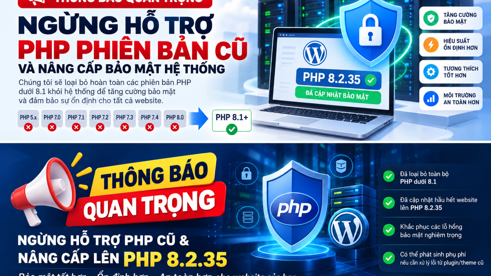 THÔNG BÁO QUAN TRỌNG: Ngừng Hỗ Trợ PHP Phiên Bản Cũ, Nâng Cấp PHP 8.2.35 Và Tăng Cường Bảo Mật Website Toàn Hệ Thống